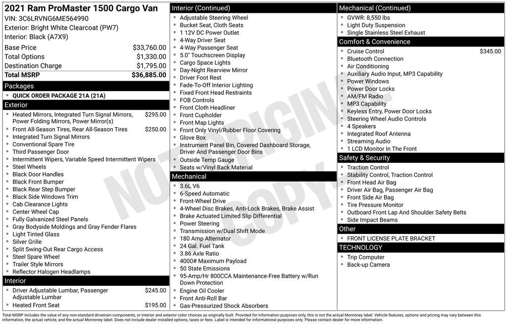 2021 RAM ProMaster 1500 Low Roof